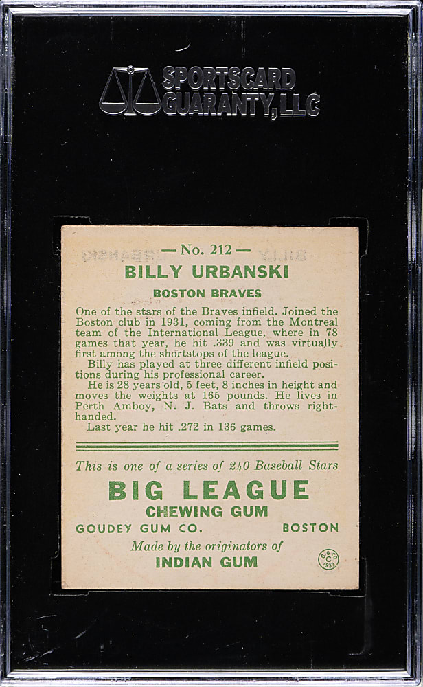 1933 R319 Goudey #212 Billy Urbanski SGC EX+ 70