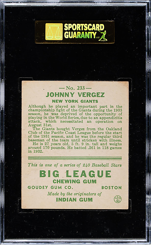 1933 R319 Goudey #233 Johnny Vergez SGC EX/NM 80