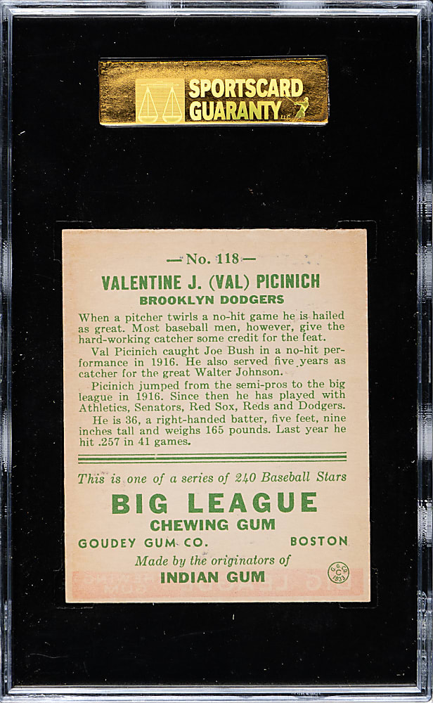 1933 R319 Goudey #118 Val Picinich SGC EX/NM 80