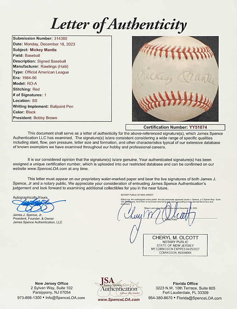 Mickey Mantle Single-Signed Baseball - JSA