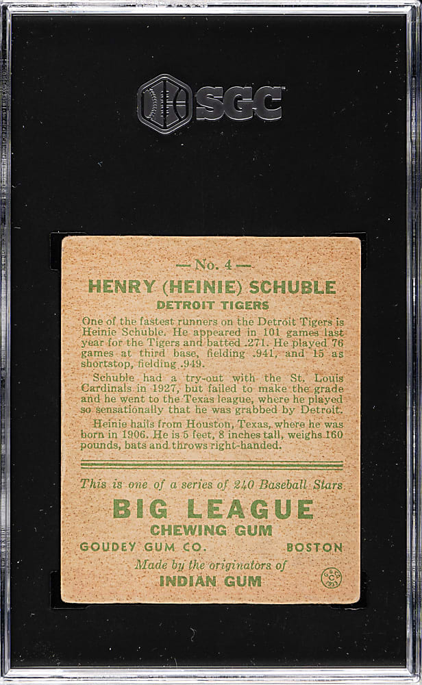 1933 R319 Goudey #4 Heinie Schuble SGC VG/EX 4