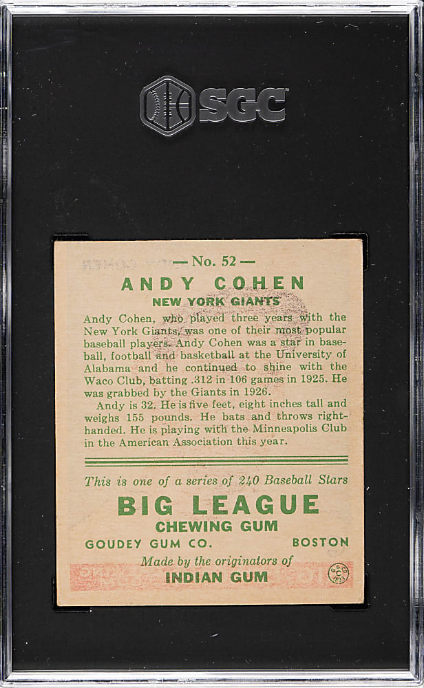 1933 R319 Goudey #52 Andy Cohen SGC VG/EX 4