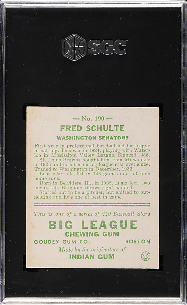 1933 R319 Goudey #190 Fred Schulte SGC VG/EX 4