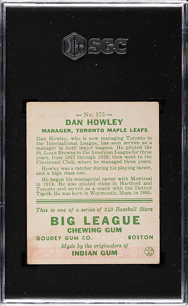 1933 R319 Goudey #175 Dan Howley SGC VG/EX 4