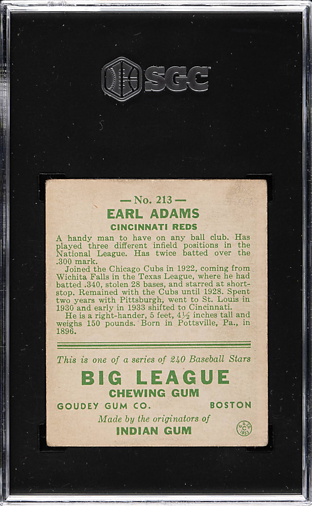 1933 R319 Goudey #213 Earl Adams SGC VG/EX 4