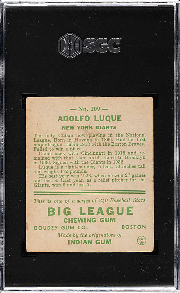 1933 R319 Goudey #209 Adolfo Luque SGC VG/EX 4