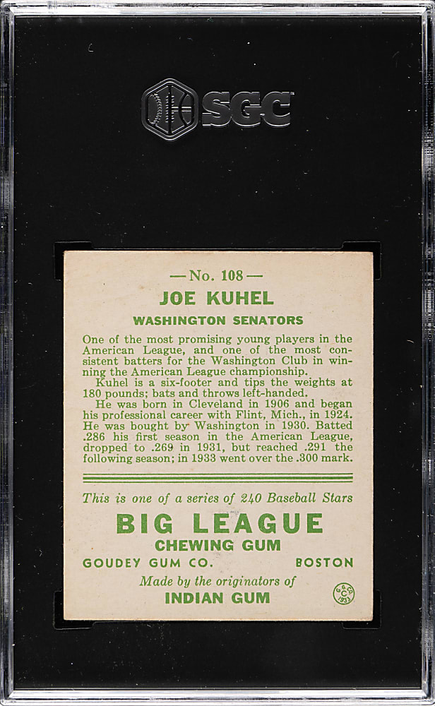 1933 R319 Goudey #108 Joe Kuhel SGC VG/EX 4