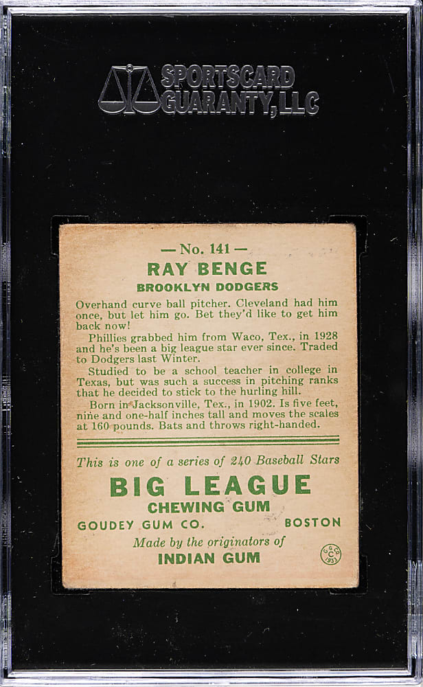 1933 R319 Goudey #141 Ray Benge SGC VG/EX 50