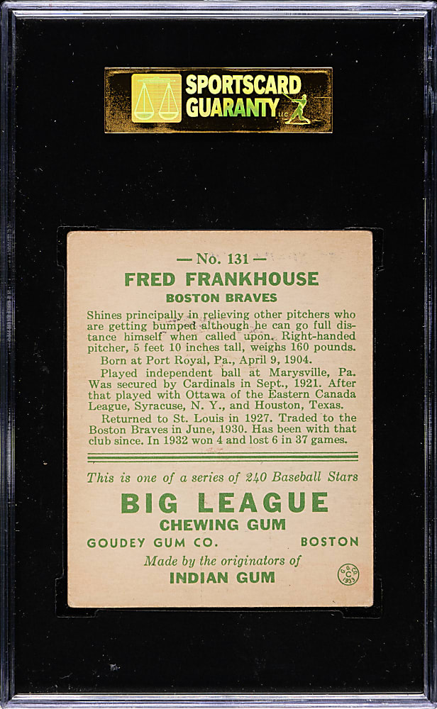 1933 R319 Goudey #131 Fred Frankhouse SGC VG/EX 50
