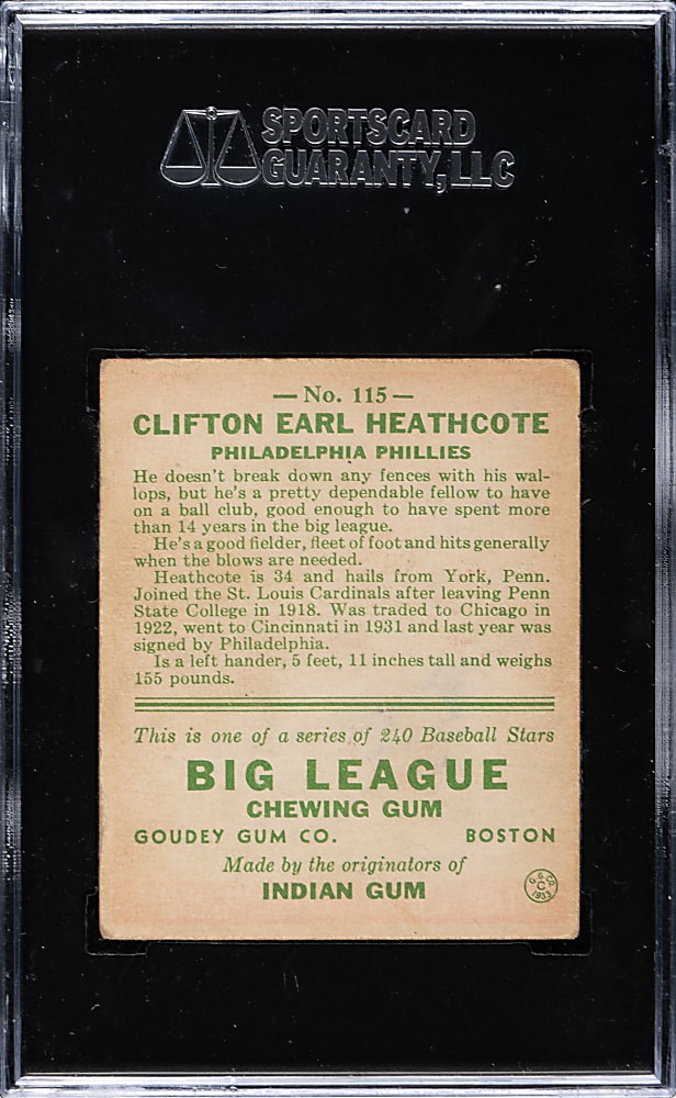 1933 R319 Goudey #115 Cliff Heathcote SGC VG/EX 50