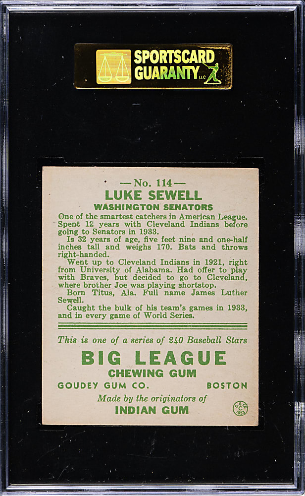 1933 R319 Goudey #114 Luke Sewell SGC VG/EX 50