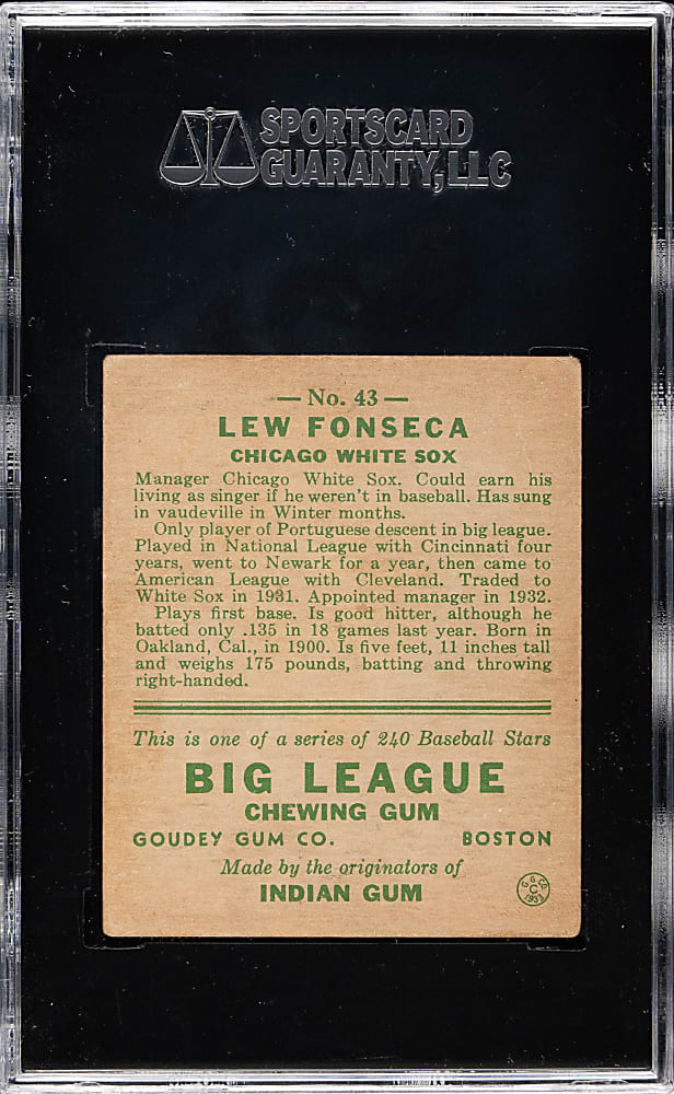 1933 R319 Goudey #43 Lew Fonseca SGC VG/EX 50