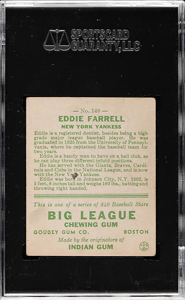 1933 R319 Goudey #148 Eddie Farrell SGC VG/EX 50