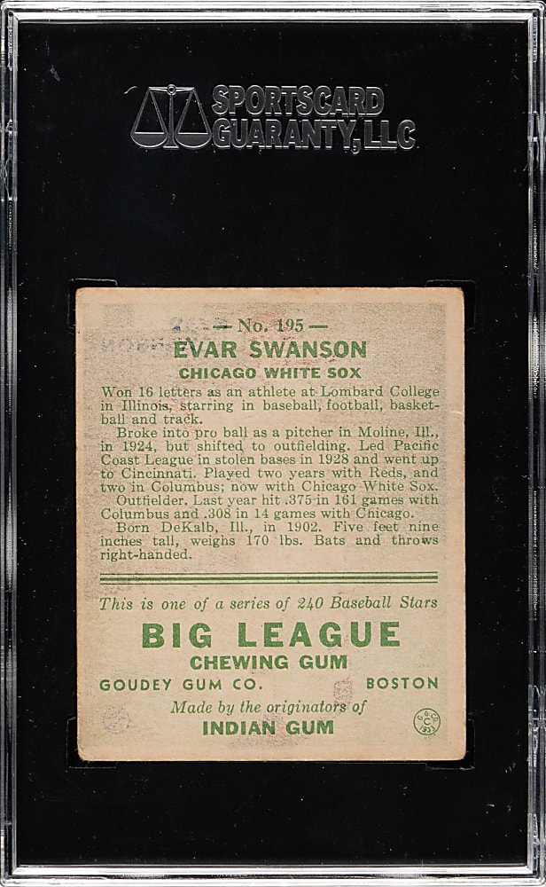 1933 R319 Goudey #195 Evar Swanson SGC VG/EX 50