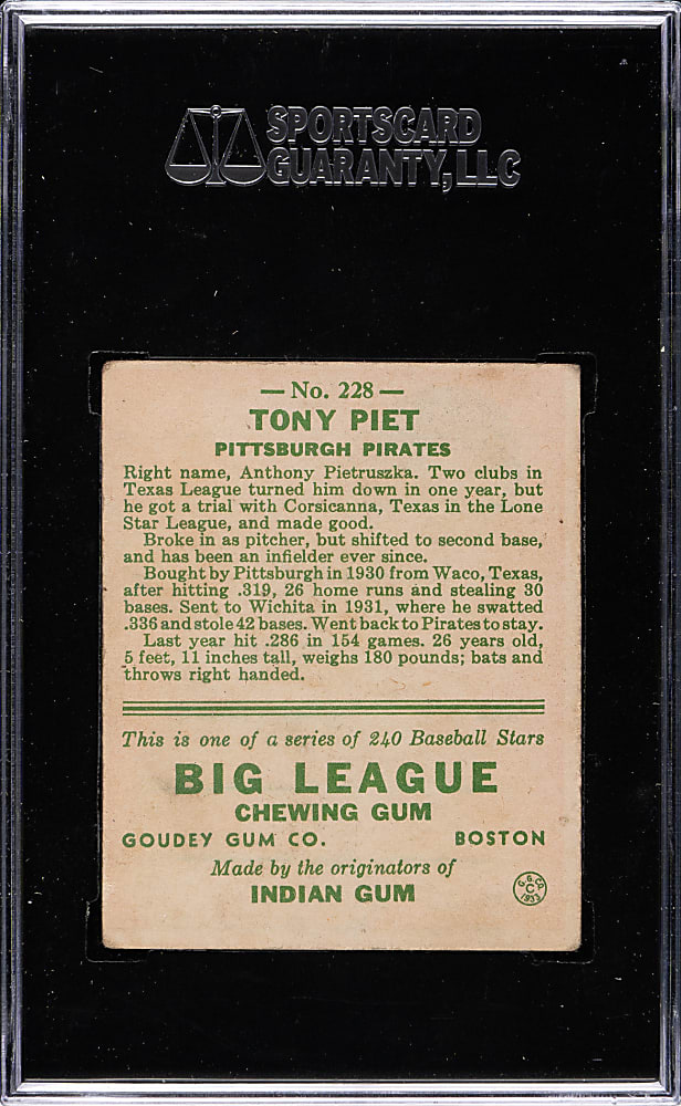 1933 R319 Goudey #228 Tony Piet SGC VG/EX 50