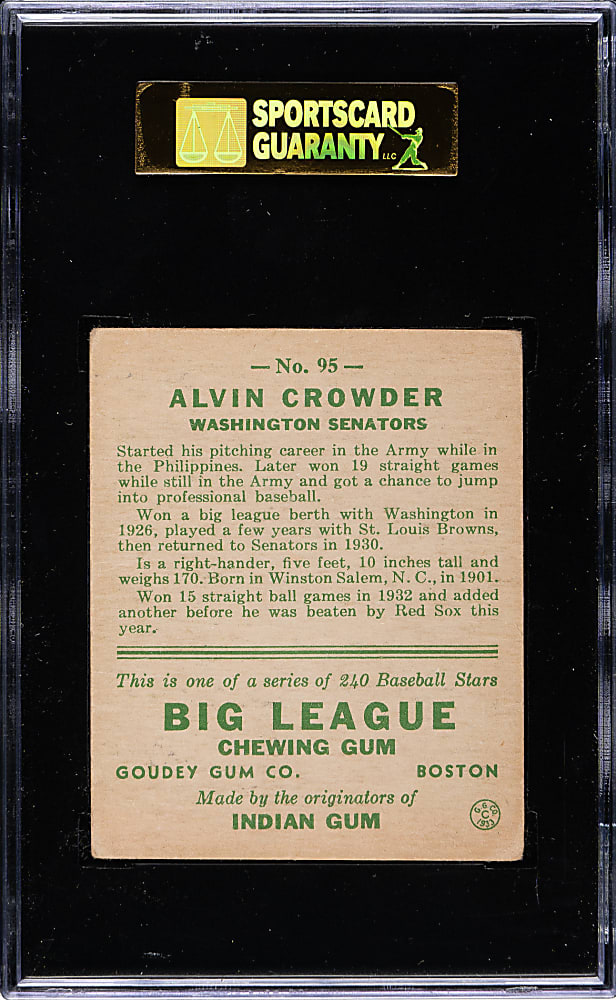 1933 R319 Goudey #95 Alvin Crowder SGC VG/EX 50