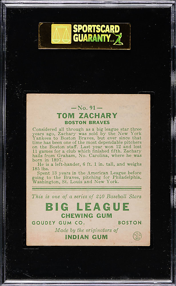1933 R319 Goudey #91 Tom Zachary SGC VG/EX 50