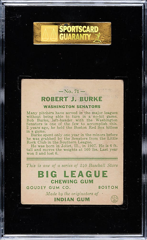 1933 R319 Goudey #71 Robert J. Burke SGC VG/EX 50
