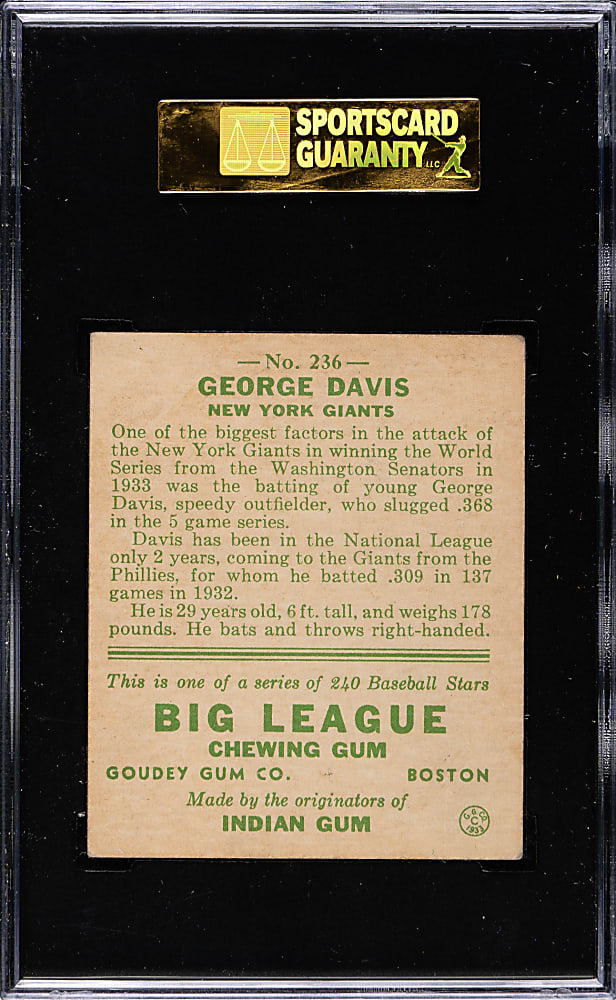 1933 R319 Goudey #236 George Davis SGC VG/EX 50