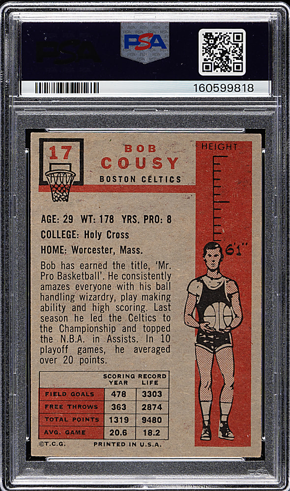 1957-1958 Topps Basketball #17 Bob Cousy Rookie PSA GOOD 2