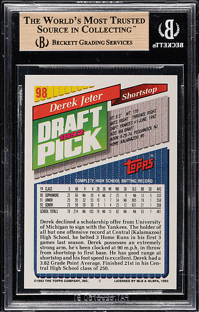 1993 Topps #98 Derek Jeter Rookie BGS GEM MINT 9.5