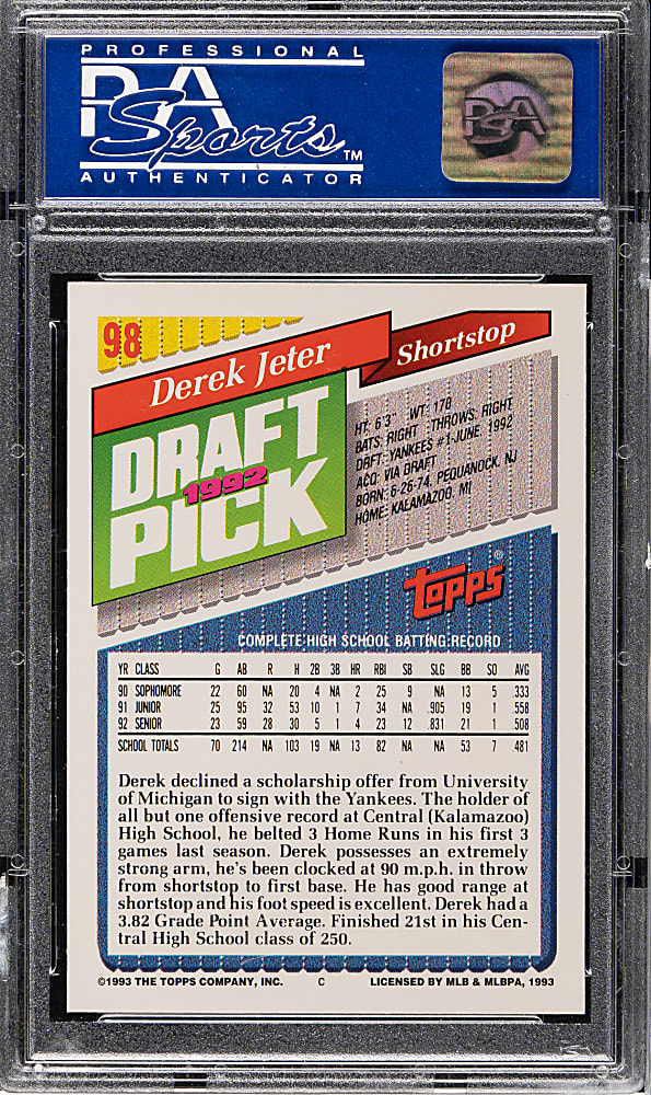 1993 Topps #98 Derek Jeter Rookie PSA GEM MINT 10