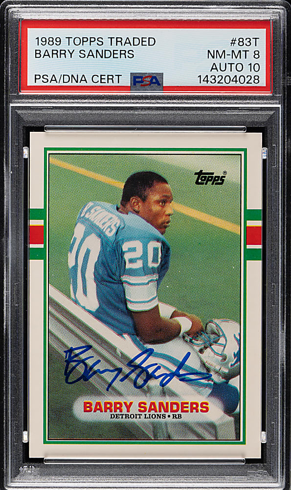 Signed 1989 Topps Traded Football #83T Barry Sanders Rookie PSA NM-MT 8 with GEM MINT 10 Signature
