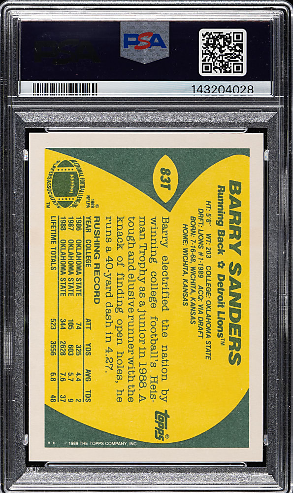 Signed 1989 Topps Traded Football #83T Barry Sanders Rookie PSA NM-MT 8 with GEM MINT 10 Signature