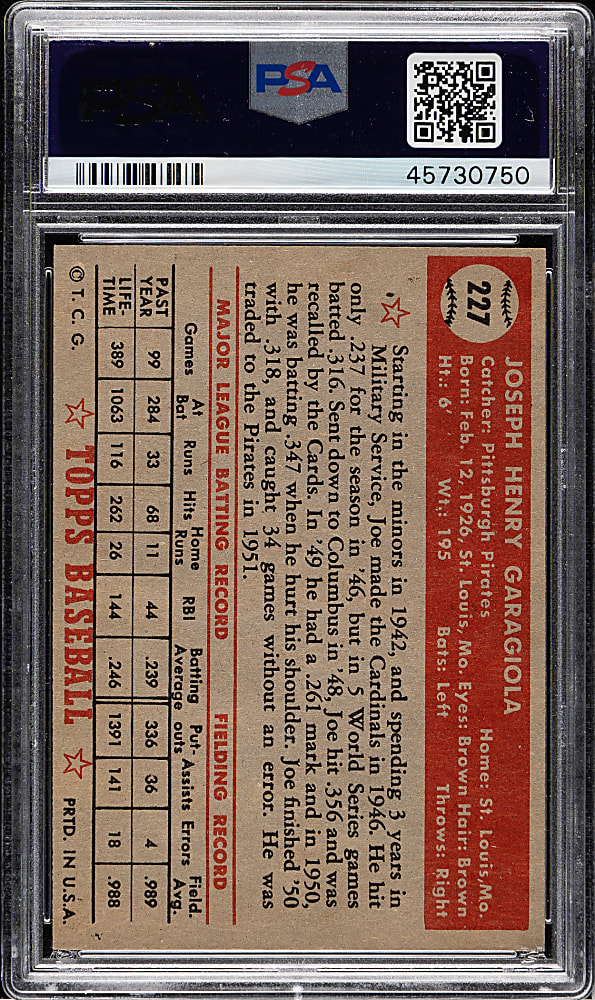 1952 Topps #227 Joe Garagiola PSA NM 7