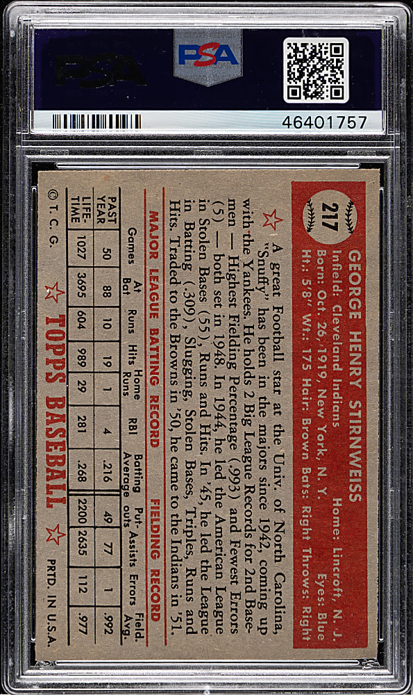 1952 Topps #217 George Stirnweiss PSA NM 7