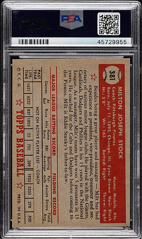1952 Topps #381 Milton Stock High Number PSA VG-EX 4