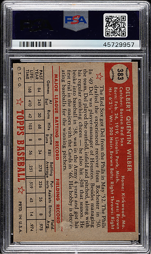 1952 Topps #383 Del Wilber High Number PSA VG-EX 4