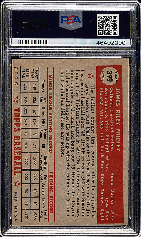 1952 Topps #399 Jim Fridley High Number PSA VG-EX 4