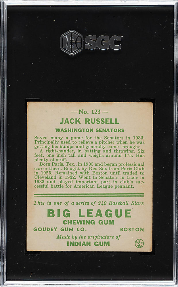 1933 R319 Goudey #123 Jack Russell SGC EX 5
