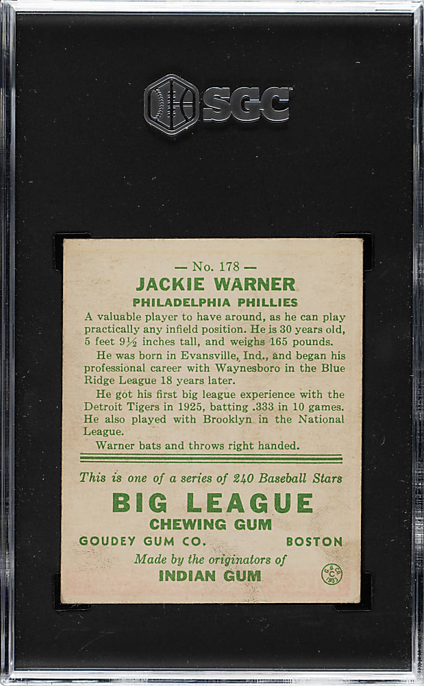 1933 R319 Goudey #178 Jackie Warner SGC EX 5