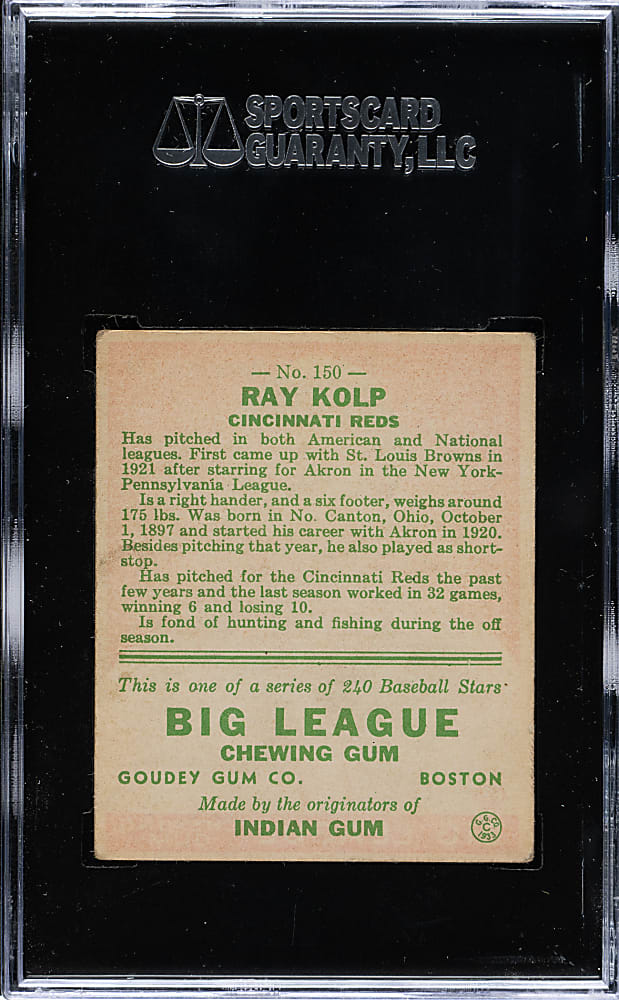 1933 R319 Goudey #150 Ray Kolp SGC EX 60