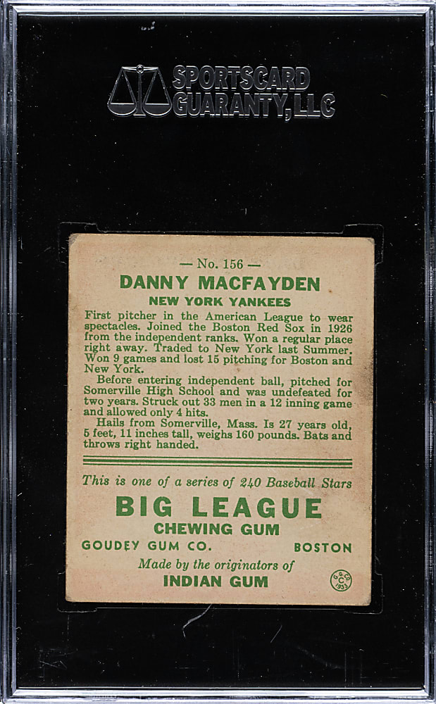 1933 R319 Goudey #156 Danny MacFayden SGC EX 60