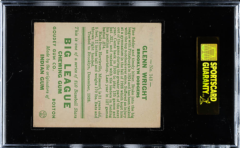 1933 R319 Goudey #143 Glenn Wright SGC EX 60
