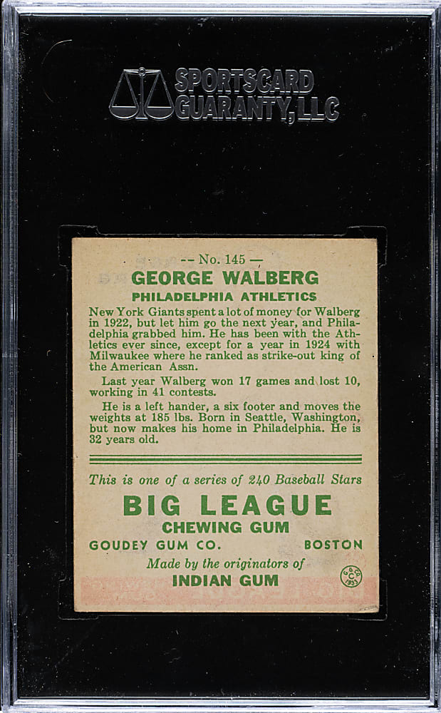 1933 R319 Goudey #145 George Walberg SGC EX 60
