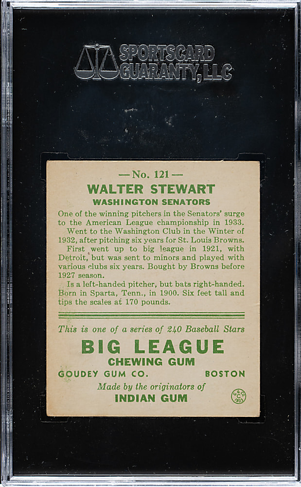 1933 R319 Goudey #121 Walter Stewart SGC EX 60
