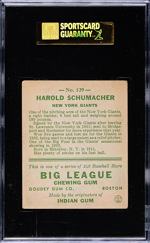 1933 R319 Goudey #129 Harold Schumacher SGC EX 60
