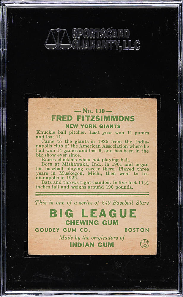 1933 R319 Goudey #130 Fred Fitzsimmons SGC EX 60