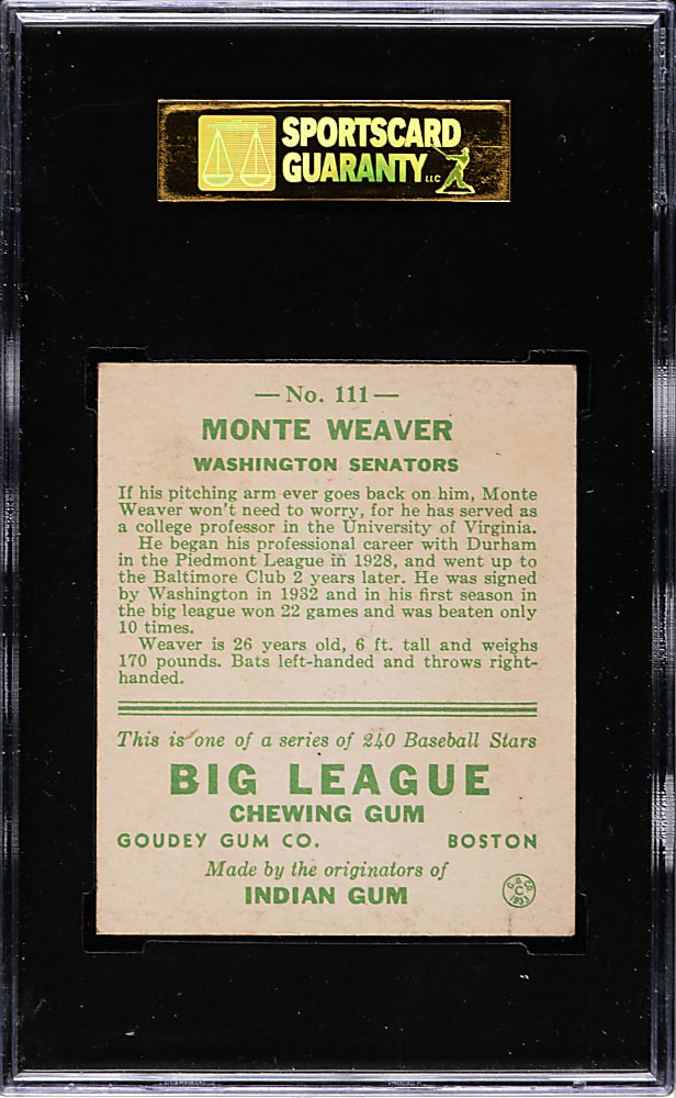 1933 R319 Goudey #111 Monte Weaver SGC EX 60