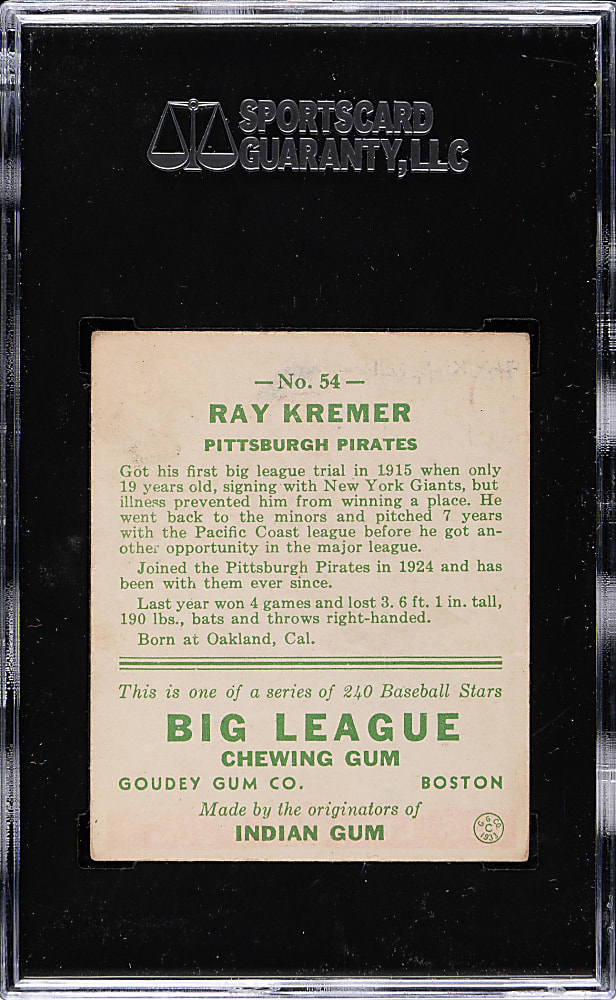1933 R319 Goudey #54 Ray Kremer SGC EX 60