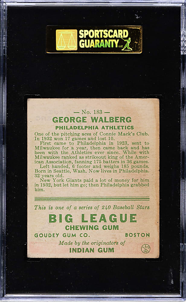 1933 R319 Goudey #183 George Walberg SGC EX 60