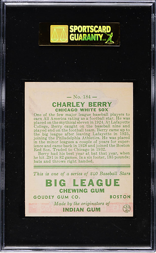 1933 R319 Goudey #184 Charley Berry SGC EX 60