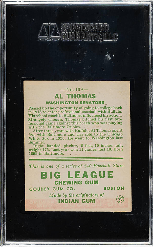 1933 R319 Goudey #169 Al Thomas SGC EX 60