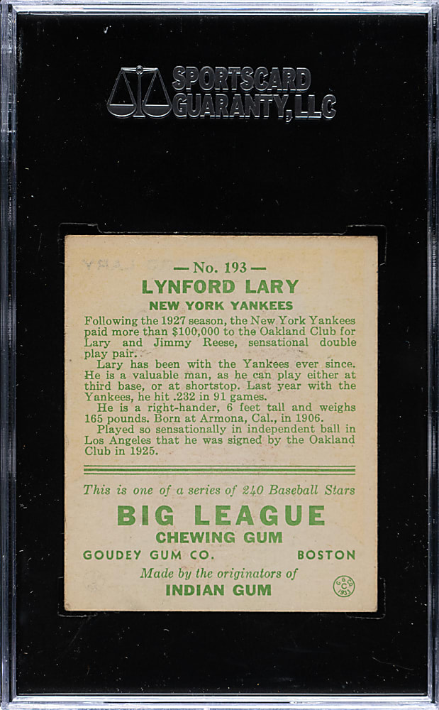 1933 R319 Goudey #193 Lynford Lary SGC EX 60