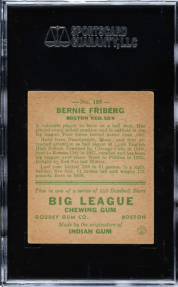 1933 R319 Goudey #105 Bernie Friberg SGC EX 60