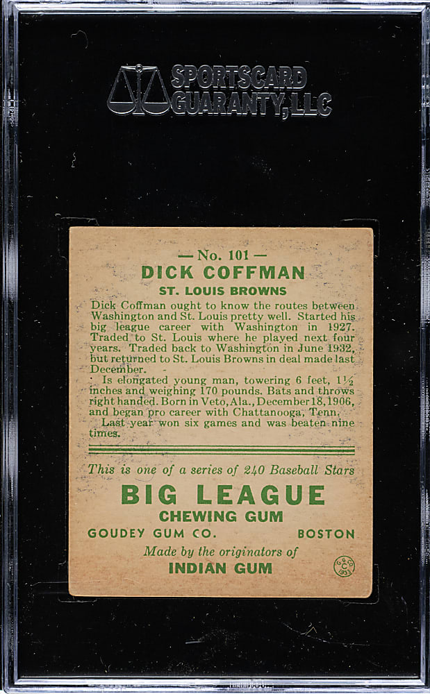 1933 R319 Goudey #101 Richard Coffman SGC EX 60